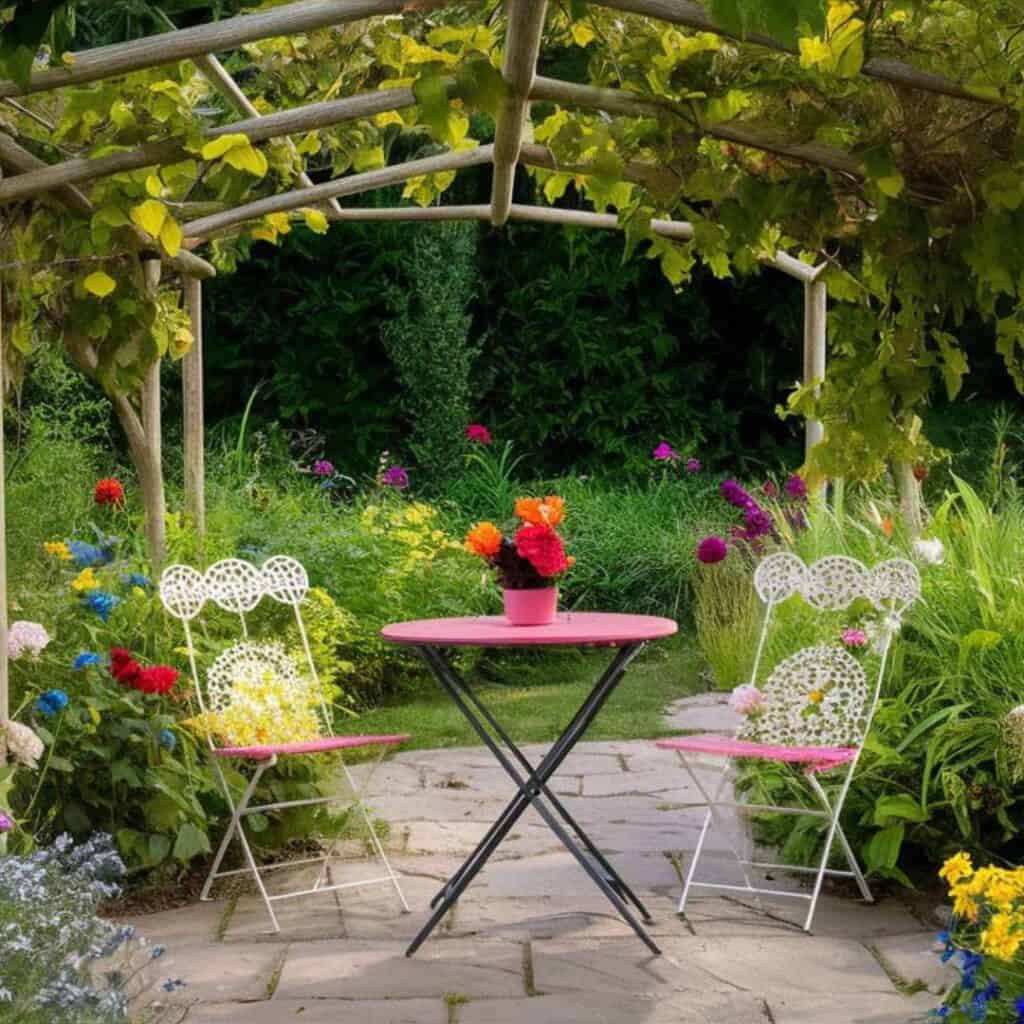 bistro set under trellis in prayer garden