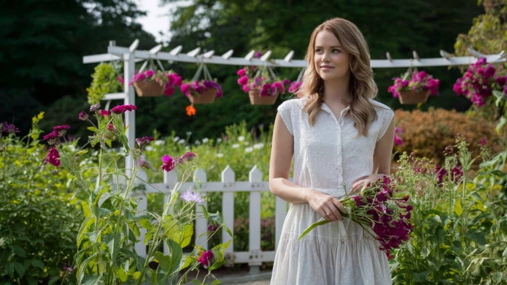 women gathering flowers in garden with trellis and picket fence