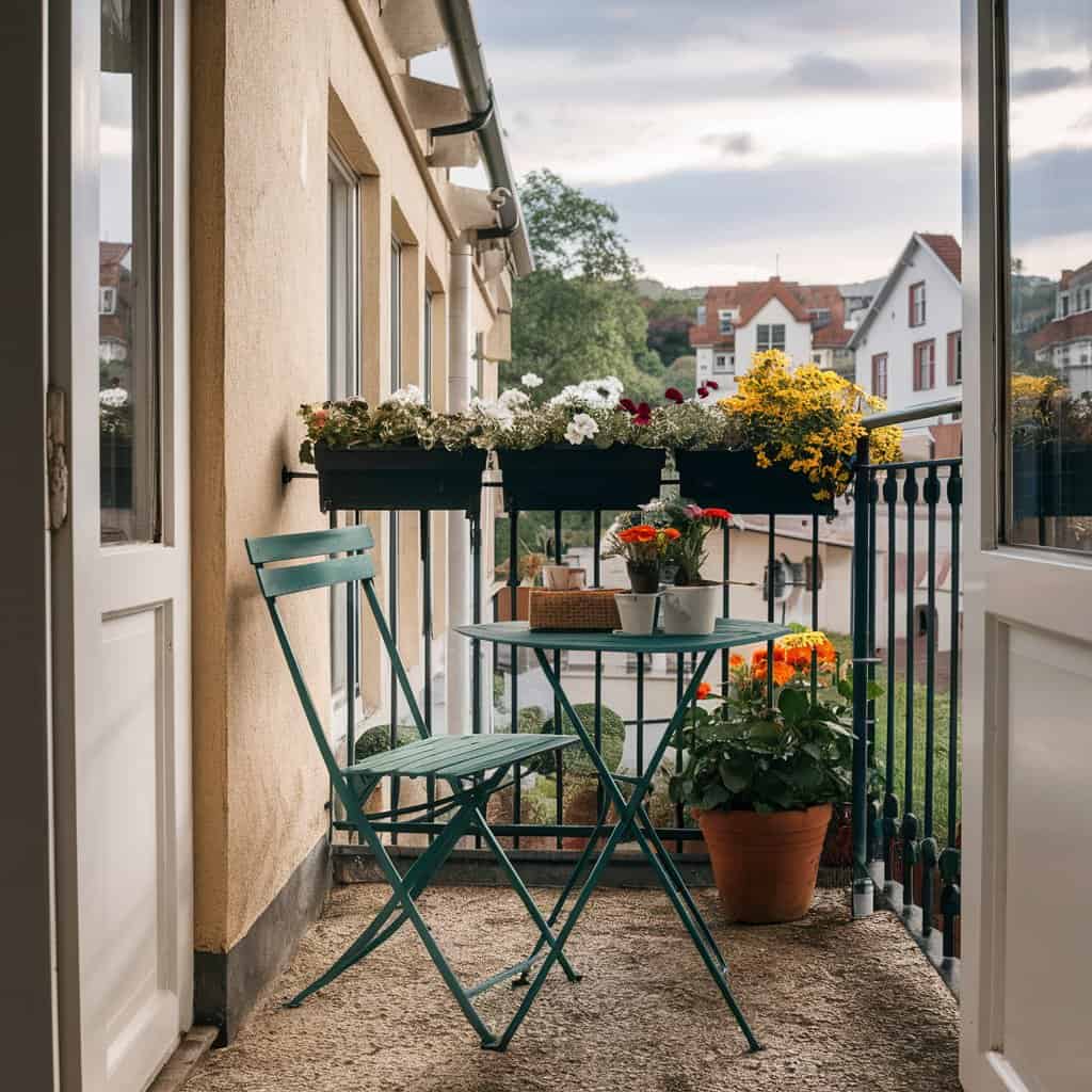 bistro chair, table and flower pot planters on balcony